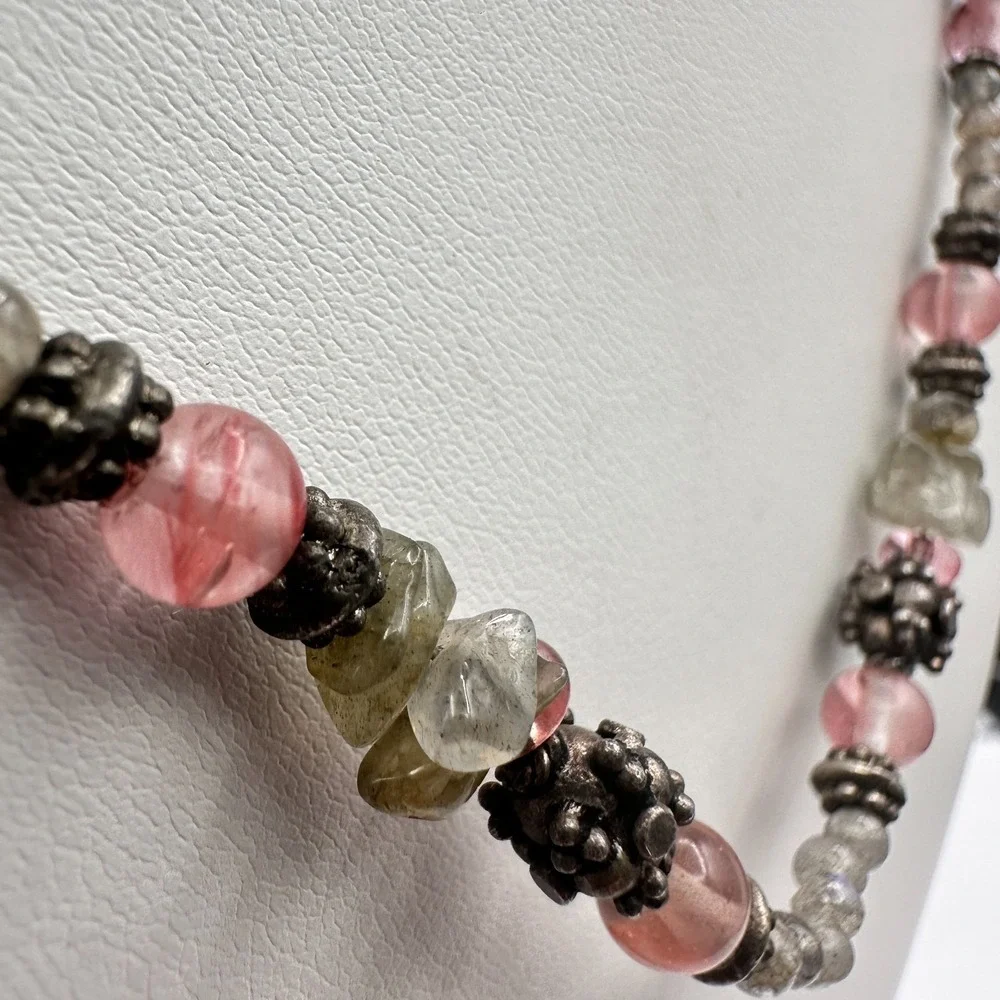 Vintage 90s Strawberry Quartz Labradorite Beaded‎ Necklace Boho Women's Jewelry